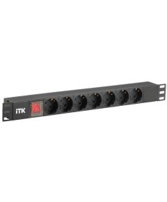 ITK PDU 7 розеток нем. стандарт, с LED выключателем,1U, без шнура, вх. C14, алюминиевый профиль