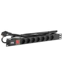 ITK PDU 7 розеток DIN49440 (нем. cтанд.) с LED выключателем, 1U, шнур 2м вилка DIN49441 (нем. станд.), профиль из ПВХ, черный