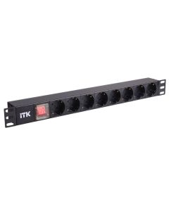 ITK PDU 8 розеток нем. стандарт, с LED выключателем,1U, без шнура, вх. C14, алюминиевый профиль