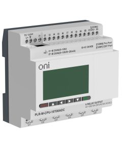 Микро ПЛК ONI. Расширяемая версия. Со встроенным экраном. 12 дискретных входов (4 как 0-20мА, 4 как 0-10В, 4 до 60кГц), 6 транзисторных выходов (2 до 10кГц). RTC. SD карта. RS485. Ethernet. Напряжение питания 24В DC