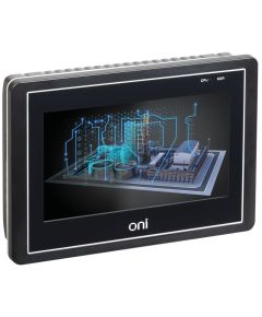 Графическая сенсорная панель оператора ETG серии ONI. Экран 7” TFT LCD. Цветопередача 24 бит. Разрешение экрана 800х480. Яркость 360 cd/m2. Время работы дисплея 50 000 часов. ЦПУ 600MHz ARM Cortex-A8.  Память 128M ПЗУ ＋128M ОЗУ. RTC. 10M/100M Ethernet, CO