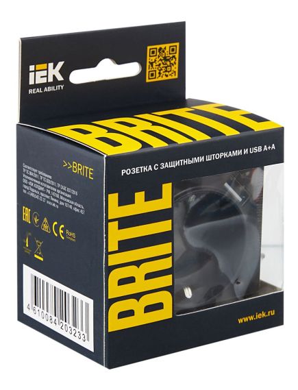 BRITE Розетка 1-местная с заземлением с защитными шторками 16А с USB A+A 5В 2,1А РЮш10-1-БрЧ черный IEK, 6 image