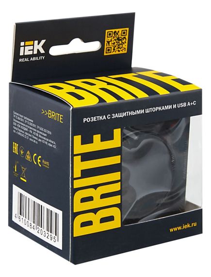 BRITE Розетка 1-местная с заземлением с защитными шторками 16А с USB A+C 18Вт РЮш11-1-БрЧ черный IEK, изображение 7