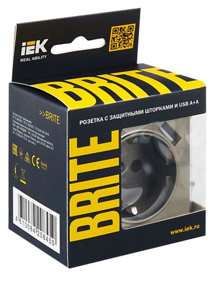 BRITE Розетка 1-местная с заземлением с защитными шторками 16А с USB A+A 5В 2,1А РЮш10-1-БрШ шампань IEK, 6 image