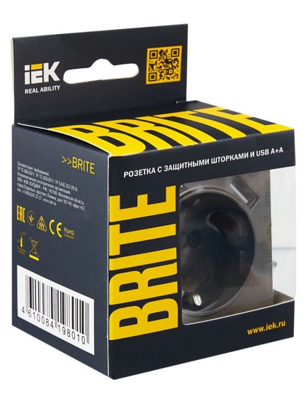 BRITE Розетка 1-местная с заземлением с защитными шторками 16А с USB A+A 5В 2,1А РЮш10-1-БрТБ темная бронза IEK, изображение 2