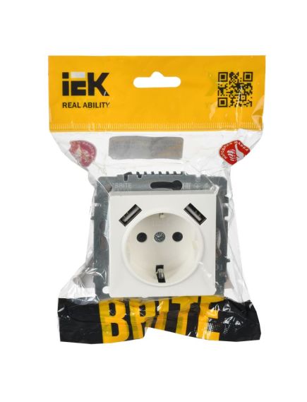 BRITE Розетка 1-местная с заземлением с защитными шторками 16А с USB A+A 5В 2,1А РЮш10-1-БрБ белый IEK, изображение 2