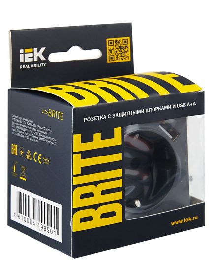 BRITE Розетка 1-местная с заземлением с защитными шторками 16А с USB A+A 5В 3,1А РЮш10-2-БрМ маренго IEK, 6 image