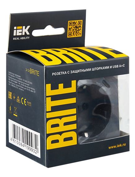 BRITE Розетка 1-местная с заземлением с защитными шторками 16А с USB A+C 18Вт РЮш11-1-БрМ маренго IEK, изображение 8