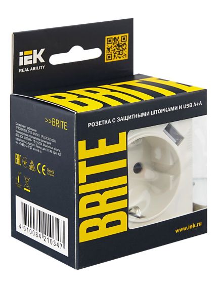 BRITE Розетка 1-местная с заземлением с защитными шторками 16А с USB A+A 5В 3,1А РЮш10-2-БрЖ жемчуг IEK, 6 image