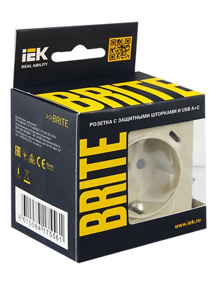 BRITE Розетка 1-местная с заземлением с защитными шторками 16А с USB A+C 18Вт РЮш11-1-БрКр бежевый IEK, изображение 5