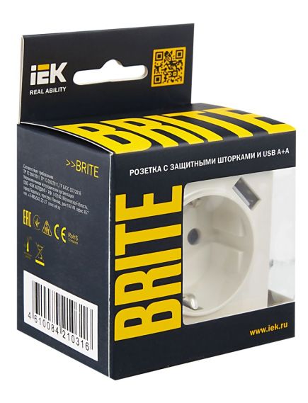 BRITE Розетка 1-местная с заземлением с защитными шторками 16А с USB A+A 5В 2,1А РЮш10-1-БрЖ жемчуг IEK, изображение 4