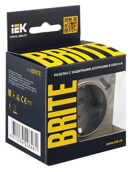 BRITE Розетка 1-местная с заземлением с защитными шторками 16А с USB A+A 5В 3,1А РЮш10-2-БрШ шампань IEK, изображение 7