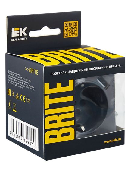 BRITE Розетка 1-местная с заземлением с защитными шторками 16А с USB A+A 5В 2,1А РЮш10-1-БрМ маренго IEK, изображение 8