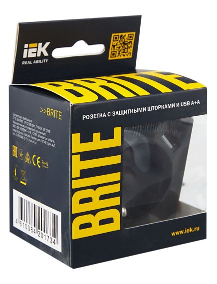 BRITE Розетка 1-местная с заземлением с защитными шторками 16А с USB A+A 5В 2,1А РЮш10-1-БрГ графит IEK, изображение 8