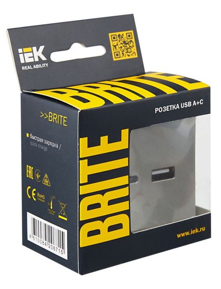 BRITE Розетка USB A+C 18Вт РЮ11-1-БрС сталь IEK, изображение 8