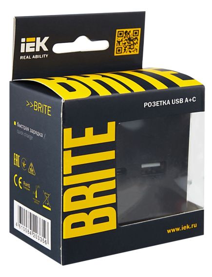 BRITE Розетка USB A+C 18Вт РЮ11-1-БрЧ черный IEK, 8 image