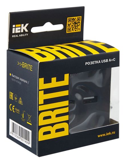 BRITE Розетка USB A+C 18Вт РЮ11-1-БрГ графит IEK, изображение 4