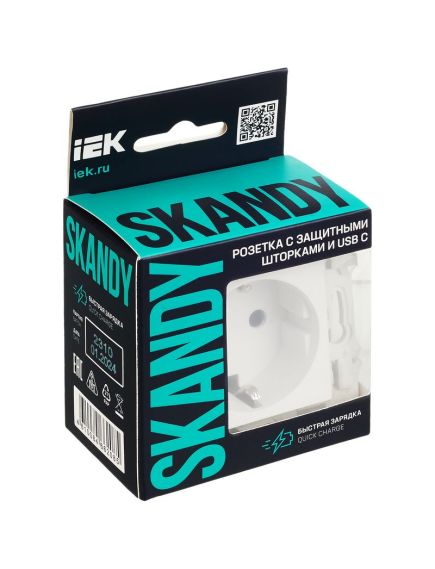 SKANDY Розетка с заземлением с защитными шторками 16А с USB C 18Вт SK-R17W арктический белый IEK, изображение 2