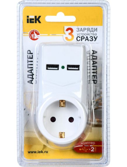 Адаптер Т-01/01 1 место с заземлением 16А 2хUSB 2,1A белый IEK, изображение 2