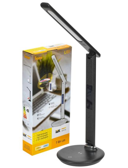 LIGHTING Светильник светодиодный настольный 2011 7Вт на подставке QI-заряд USB-выход кожа черный IEK, изображение 3