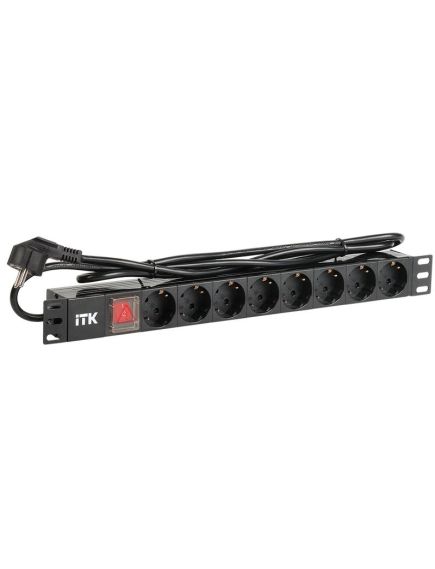 ITK PDU 8 розеток DIN49440 (нем. cтанд.) с LED выключателем, 1U, шнур 2м вилка DIN49441 (нем. станд.), профиль из ПВХ, черный