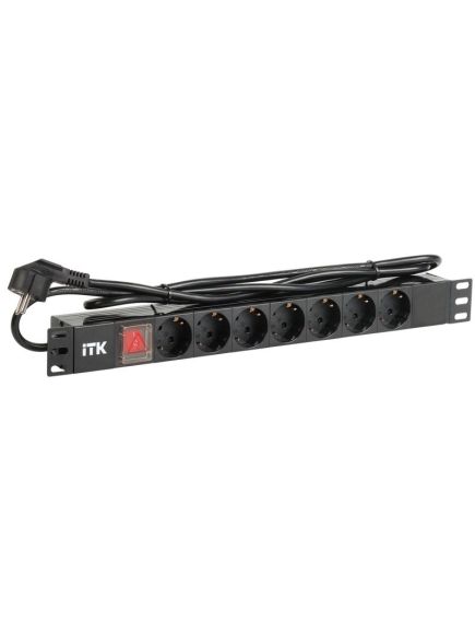 ITK PDU 7 розеток DIN49440 (нем. cтанд.) с LED выключателем, 1U, шнур 2м вилка DIN49441 (нем. станд.), профиль из ПВХ, черный