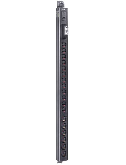 ITK BASE PDU вертикальный PV1112 23U 1 фаза 32А 6 розеток SCHUKO (немецкий стандарт) + 12 розеток C13 с клеммной колодкой и кабелем 3м вилка IEC60309 (промышленная)