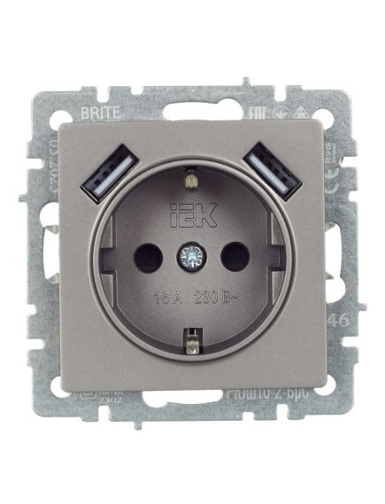 BRITE Розетка 1-местная с заземлением с защитными шторками 16А с USB A+A 5В 3,1А РЮш10-2-БрС сталь IEK, изображение 3