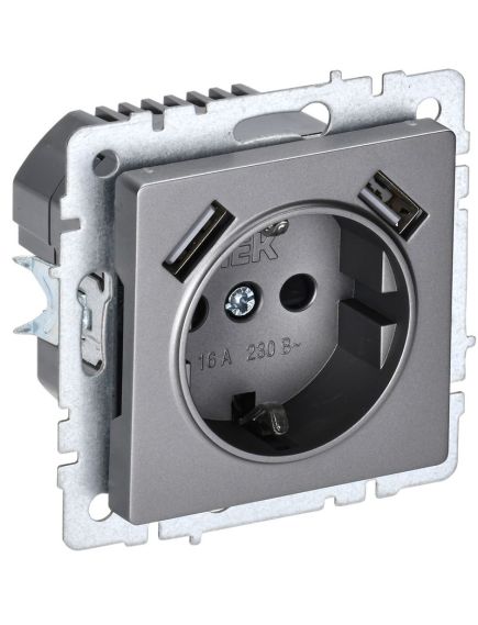 BRITE Розетка 1-местная с заземлением с защитными шторками 16А с USB A+A 5В 2,1А РЮш10-1-БрС сталь IEK