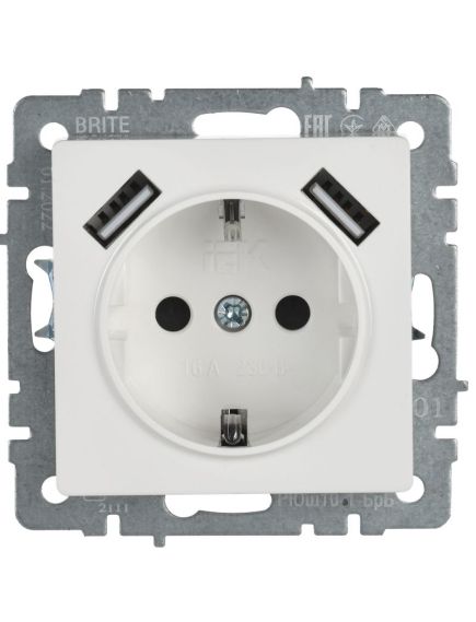 BRITE Розетка 1-местная с заземлением с защитными шторками 16А с USB A+A 5В 2,1А РЮш10-1-БрБ белый IEK, изображение 5