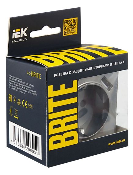 BRITE Розетка 1-местная с заземлением с защитными шторками 16А с USB A+A 5В 2,1А РЮш10-1-БрС сталь IEK, изображение 4
