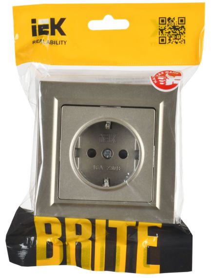 BRITE Розетка 1-местная с заземлением с защитными шторками 16А в сборе РСР14-1-0-БрШ шампань IEK, изображение 2