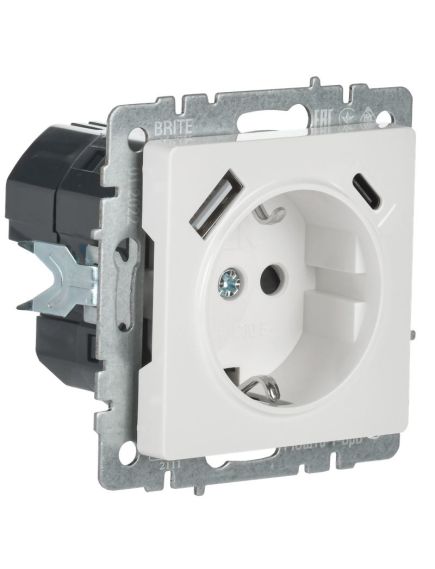 BRITE Розетка 1-местная с заземлением с защитными шторками 16А с USB A+C 18Вт РЮш11-1-БрБ белый IEK, изображение 2