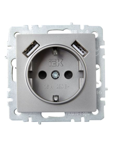 BRITE Розетка 1-местная с заземлением с защитными шторками 16А с USB A+A 5В 2,1А РЮш10-1-БрС сталь IEK, изображение 6