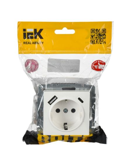 BRITE Розетка 1-местная с заземлением с защитными шторками 16А с USB A+C 18Вт РЮш11-1-БрБ белый IEK, изображение 3