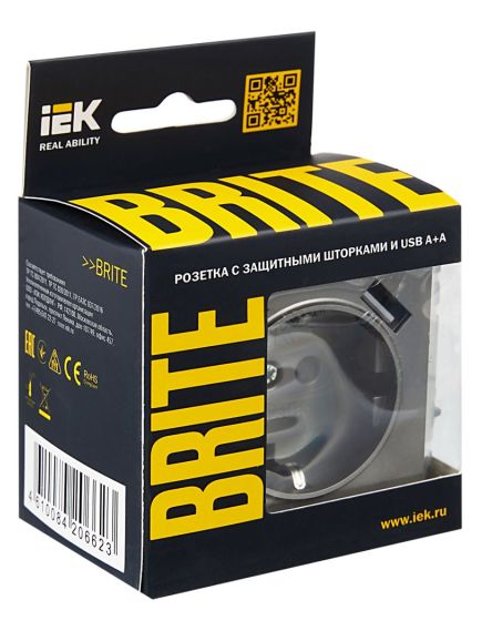 BRITE Розетка 1-местная с заземлением с защитными шторками 16А с USB A+A 5В 3,1А РЮш10-2-БрС сталь IEK, изображение 4