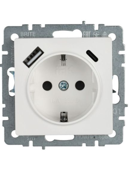 BRITE Розетка 1-местная с заземлением с защитными шторками 16А с USB A+C 18Вт РЮш11-1-БрБ белый IEK, изображение 4