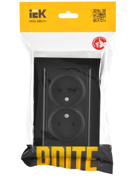 BRITE Розетка 2-местная без заземления с защитными шторками 10А в сборе РСш12-2-БрЧ черный IEK, изображение 2