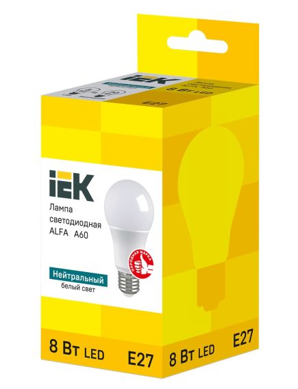 Лампа светодиодная ALFA A60 груша 8Вт 230В 4000К E27 IEK, изображение 2