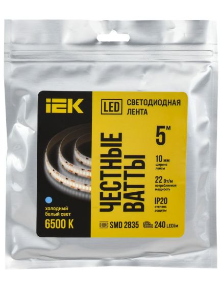 Лента светодиодная 5м SMD2835 240LED/м 22Вт/м IP20 ширина 10мм 24В холодный белый IEK, изображение 4