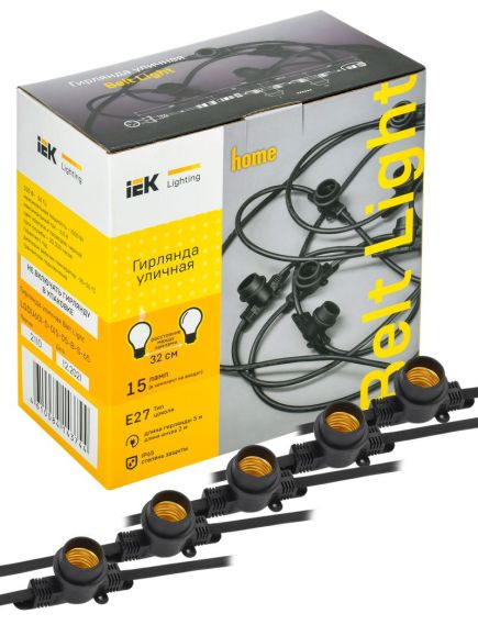 LIGHTING Гирлянда белт-лайт 5м 15 патронов E27 без ламп IP65 черный шнур 2м 230В транзит IEK, изображение 3