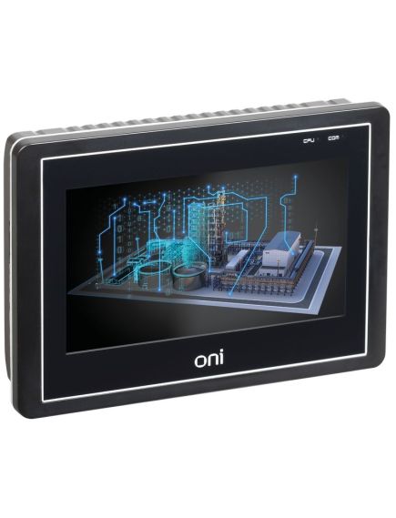 Графическая сенсорная панель оператора ETG серии ONI. Экран 7” TFT LCD. Цветопередача 24 бит. Разрешение экрана 800х480. Яркость 360 cd/m2. Время работы дисплея 50 000 часов. ЦПУ 600MHz ARM Cortex-A8.  Память 128M ПЗУ ＋128M ОЗУ. RTC. 10M/100M Ethernet, CO